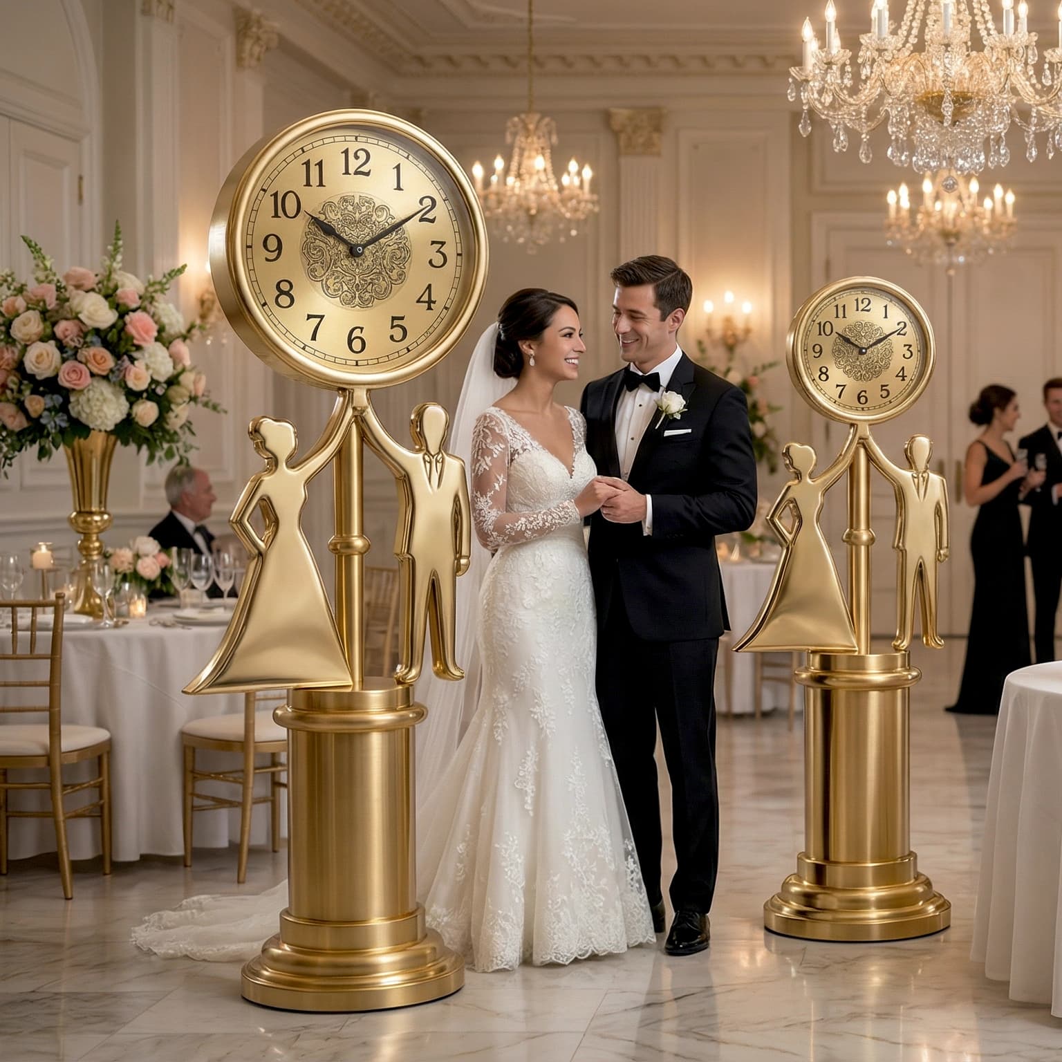 Couple taking photos with the emblem clock